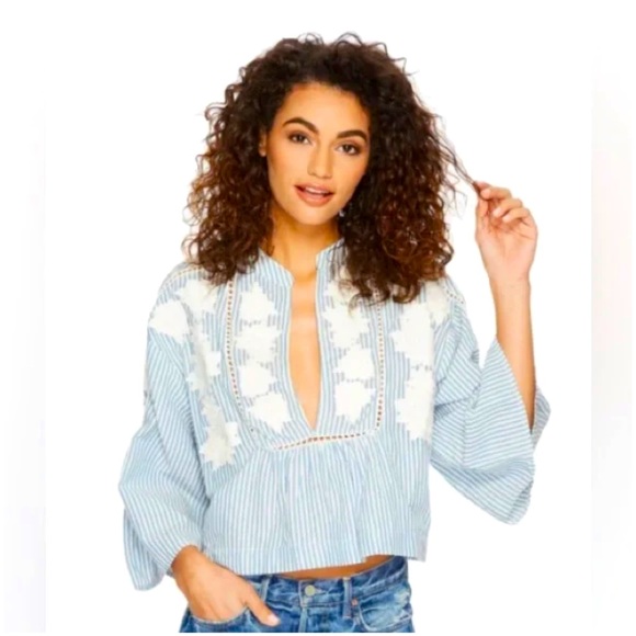 Free People Liya Embroidered Floral Stripe boho blouse top - XS - Picture 3 of 6